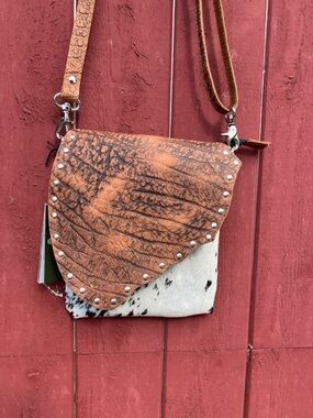 Cowhide Crossbody Bag with Textured Genuine Leather Flap